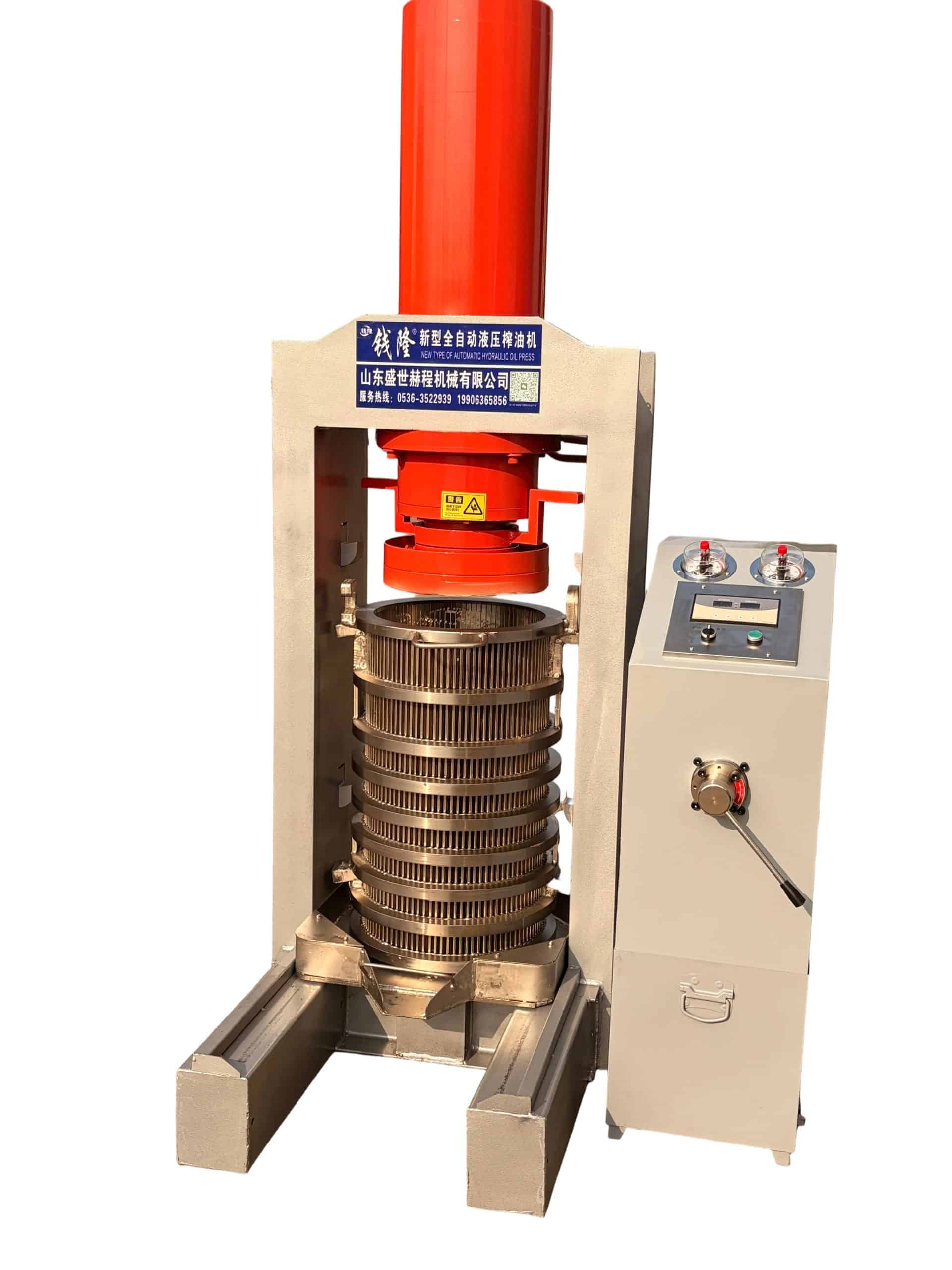 Industrial hydraulic oil press for hot pressing sesame peanut and soybean oilseeds
