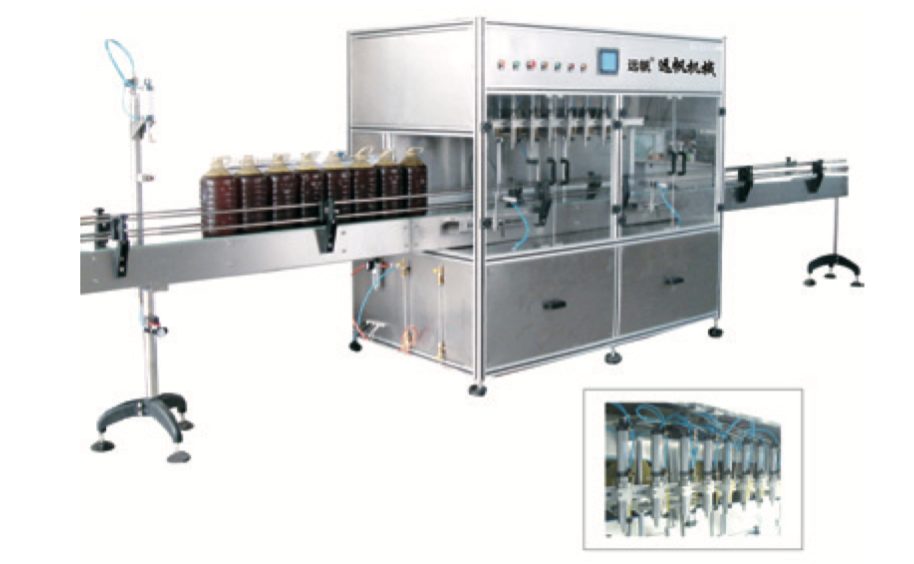 Automatic edible oil filling line with multiple filling nozzles and bottle conveyor