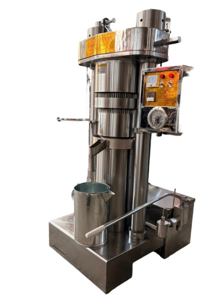 Korean-type small hydraulic sesame oil press with vertical pressing chamber and controls