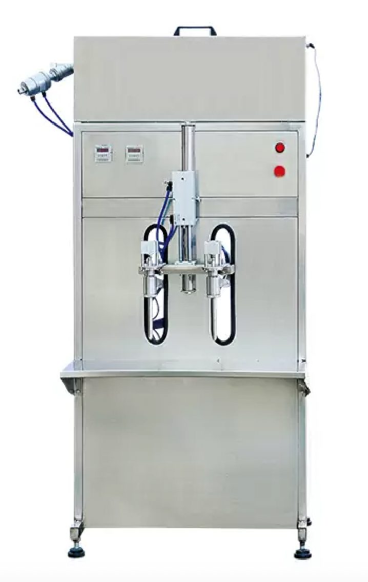 Double-head semi-automatic gravity filling machine with two pneumatic nozzles