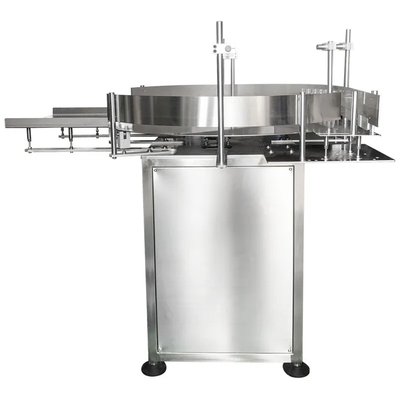 Front view of the rotary bottle unscrambler and discharge conveyor