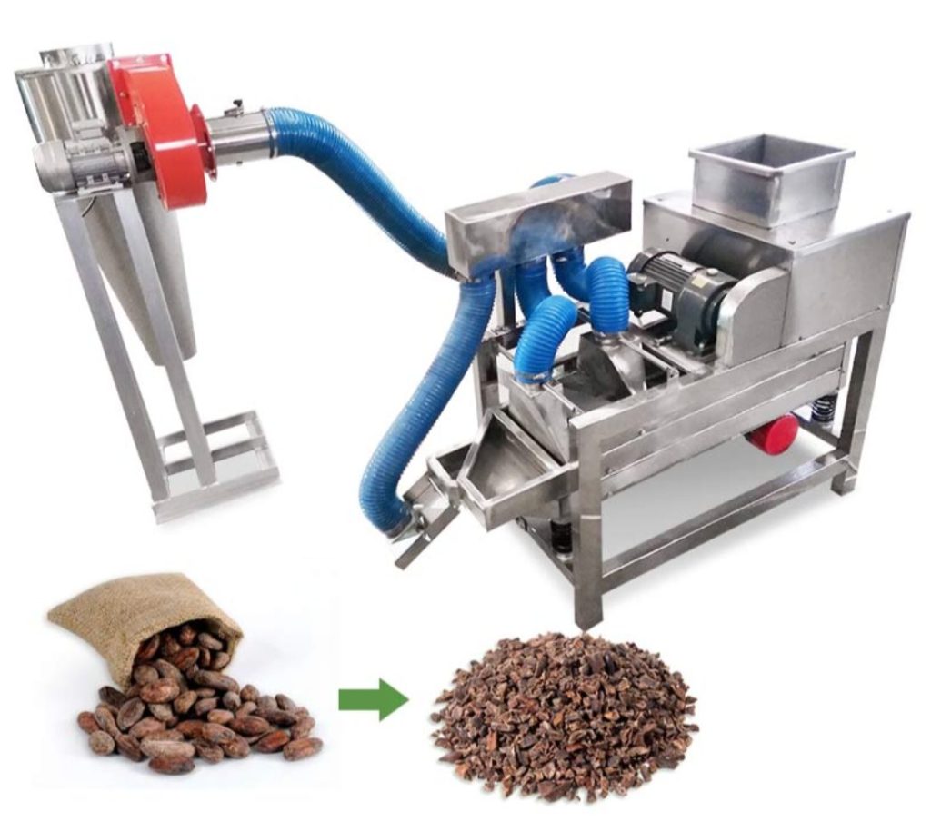 Cocoa bean cracking and air-separation peeling machine