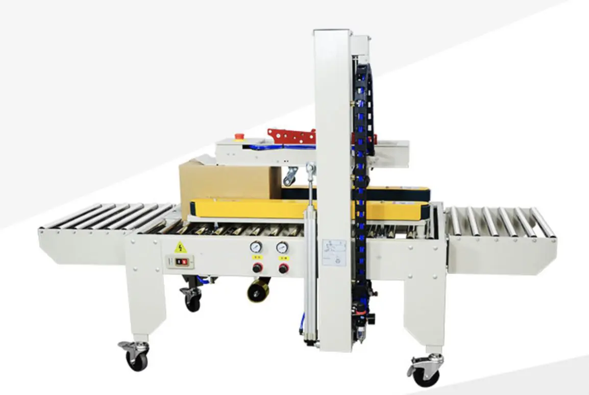 Automatic carton sealing machine with side-belt case transport and tape heads