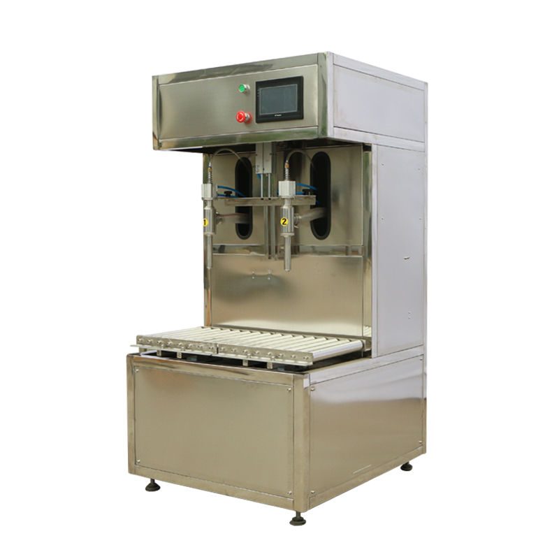 Two-head semi-automatic weighing filling machine with roller platform