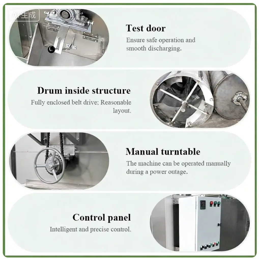 Roaster drum, manual discharge mechanism, and control panel details