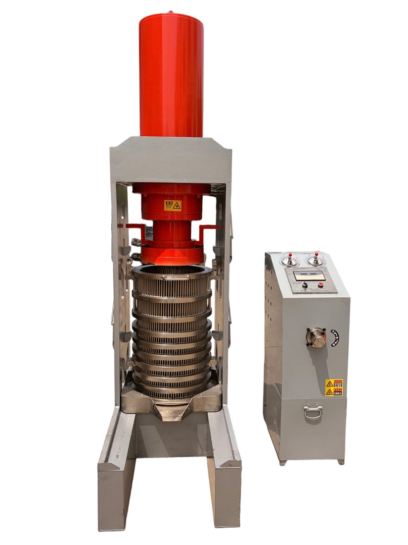 355 to 500 cold-press hydraulic oil press machine showing the stacked cage barrel
