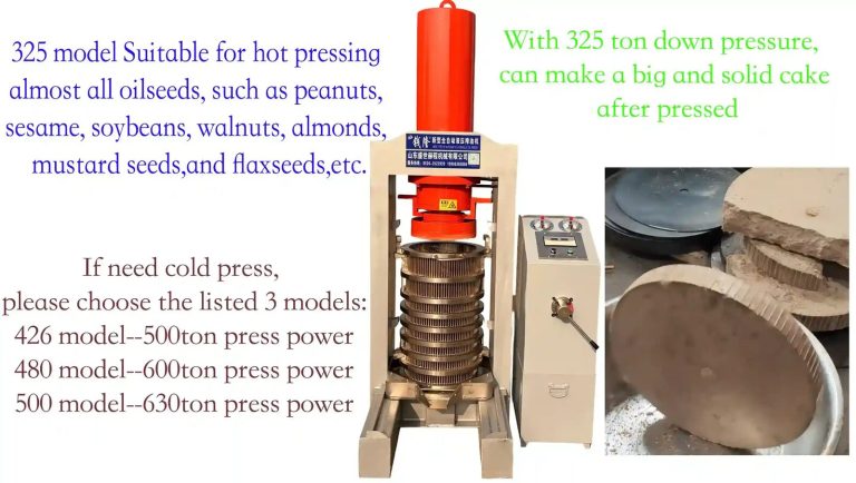 Peanut oil shop hydraulic press setup — Model 325, drum roaster, paper-leaf filter, SUS304 storage tanks