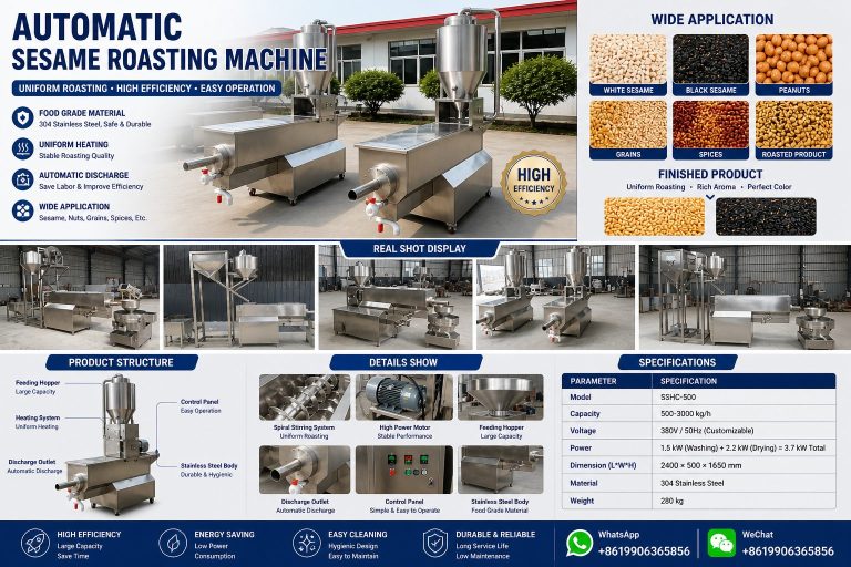 Automatic sesame roasting and cleaning machine promotional image for sesame oil processing equipment